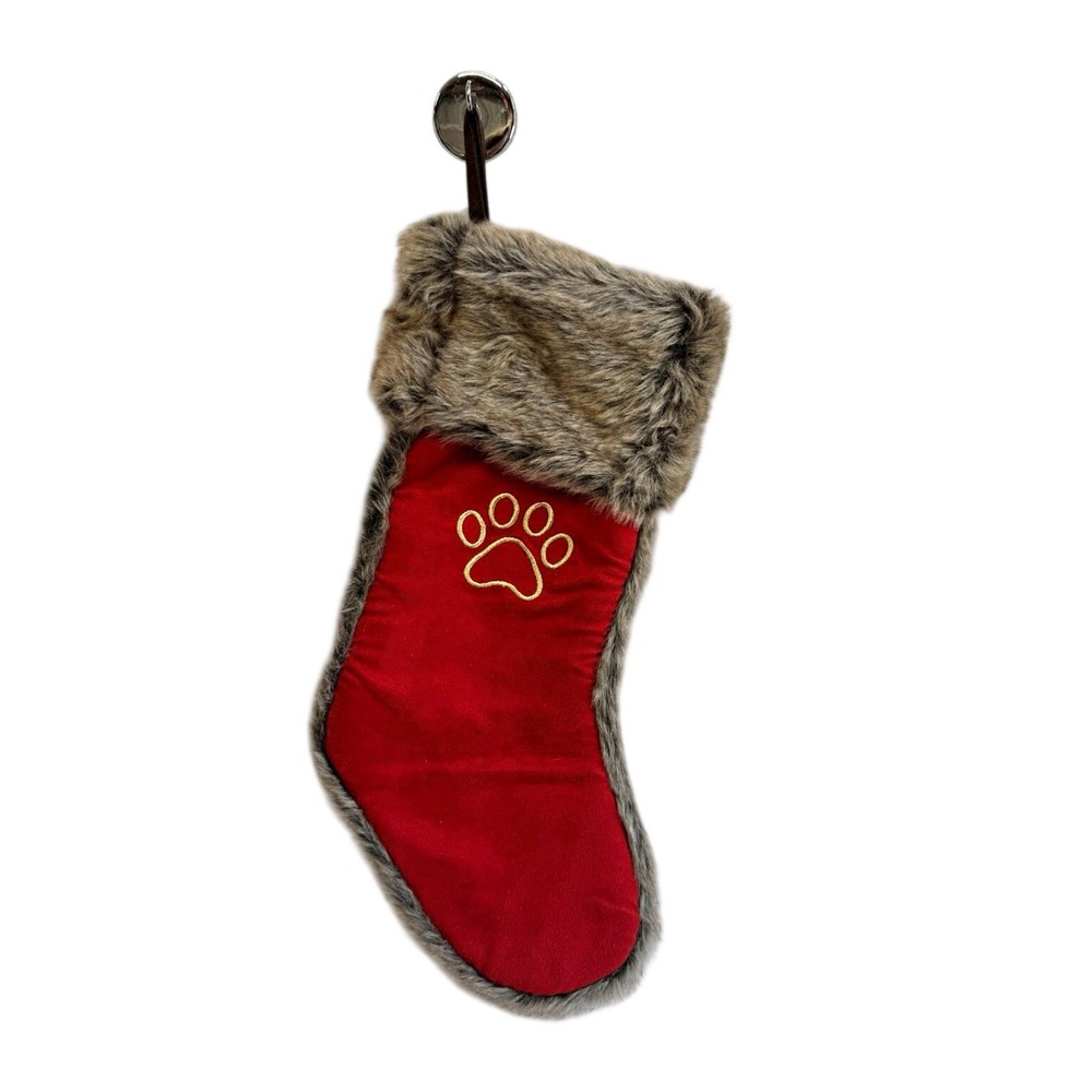 Dog Christmas Stocking Red Velvet Gold Paw Print Faux Fur Cuff 19" Pet Holiday